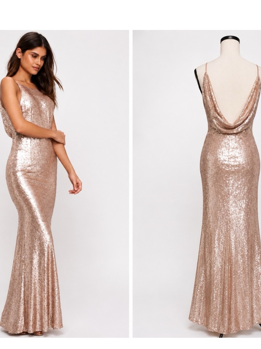 Champagne Sequin Maxi Dress Lulus Open Back Formal Evening Wedding Guest XS/S